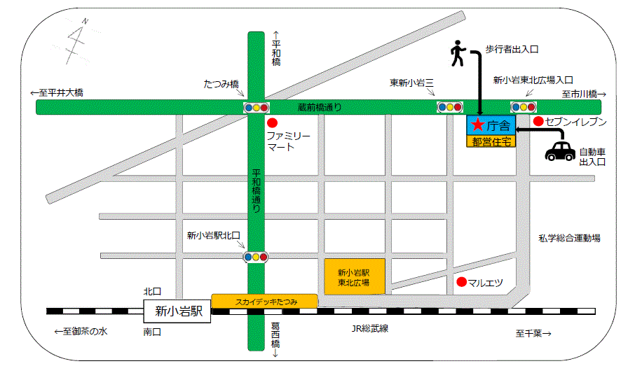 事務所までの案内図 亀戸駅北口から出て北に進み、亀戸二丁目の角を西へ進みスーパーが見えた横の建物が仮移転先になります