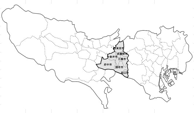 北多摩南部建設事務所の所管区域図（東京都全体の内、武蔵野、三鷹、府中、調布、小金井、西東京、狛江の7市）