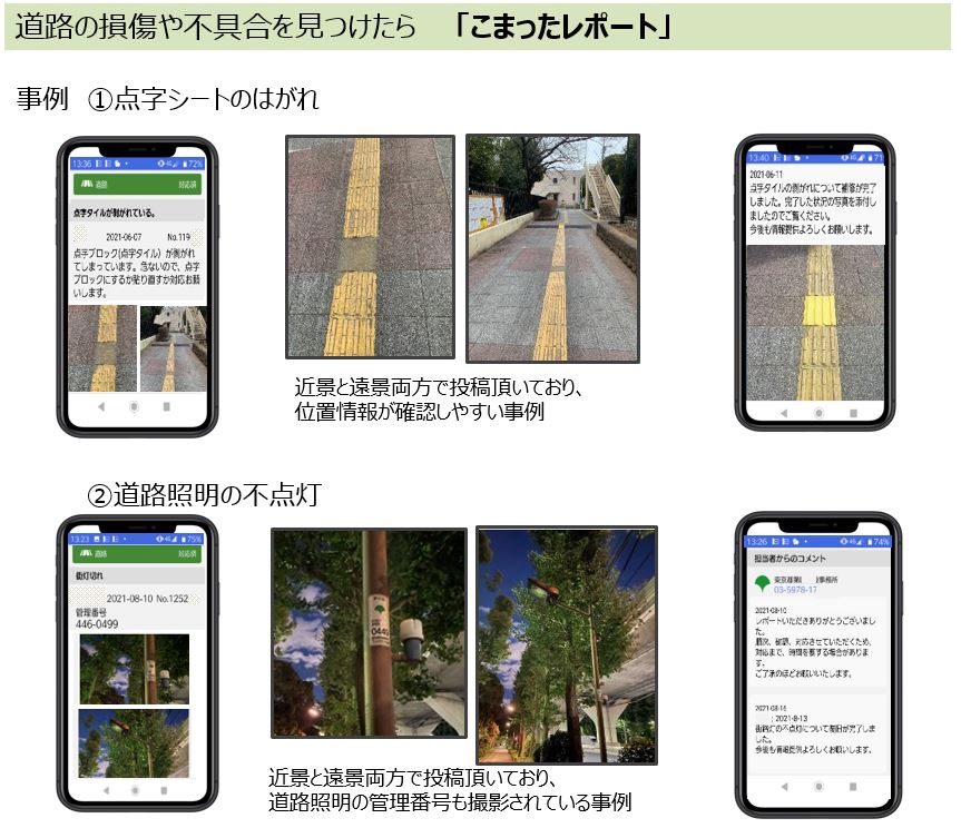 道路の損傷や不都合を見つけたら｢こまったレポート、事例1　点字シートのはがれ：近景と遠景両方で投稿頂いており、位置情報が確認しやすい事例、2　道路照明の不点灯：近景と遠景両方で投稿頂いており、道路照明の管理番号も撮影されている事例