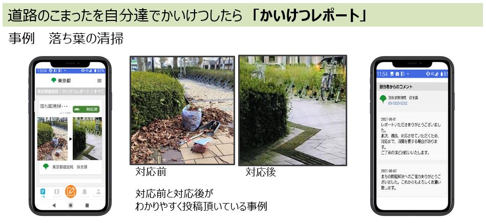 道路のこまったを自分達でかいけつしたら｢かいけつレポート｣、事例　落ち葉の清掃：対応前と対応後がわかりやく投稿頂いている事例