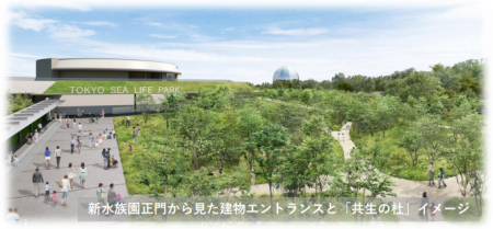 新水族園正面から見た建物エントランスと「共生の杜」イメージ