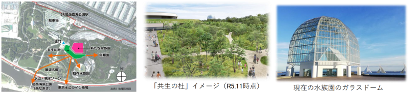「共生の杜」イメージ（令和5年11月時点）、現在の水族園のガラスドーム