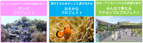 オープンに向けサンゴを育て環境を学ぶ、サンゴ プロジェクト。展示するお魚をこども達が決める 、おさかな プロジェクト。日本一アクセシブルな水族園を創る、みんなで考える アクセシブルプロジェクト。