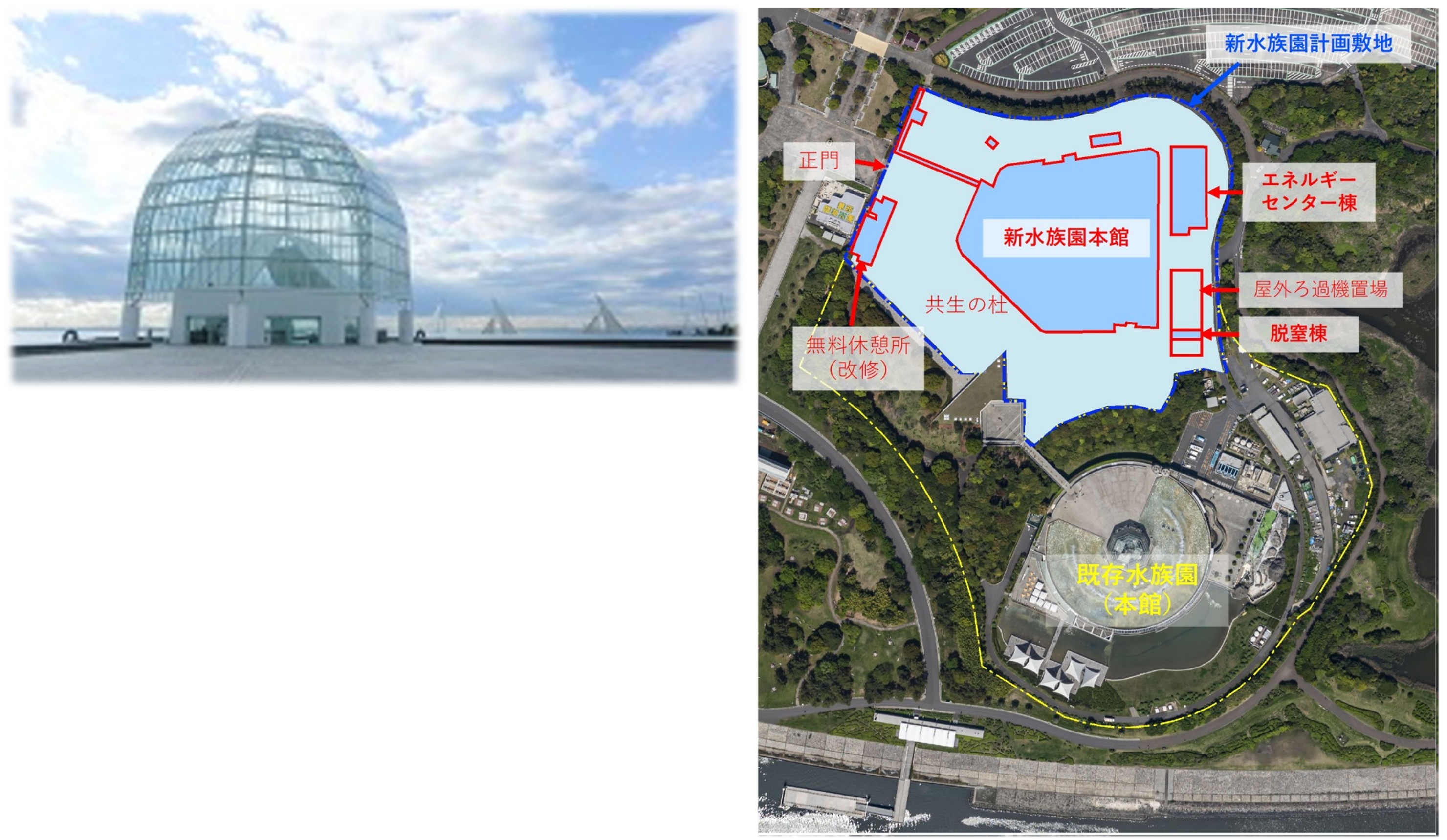 現在の水族園ガラスドーム、新水族園計画敷地図